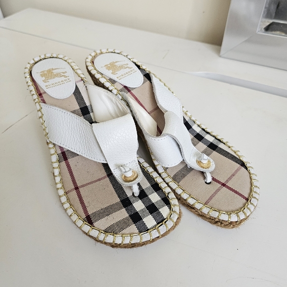 Burberry Nova Check Plaid White Leather Thong Espadrille Wedge Sandals. Size 40 - Picture 4 of 12